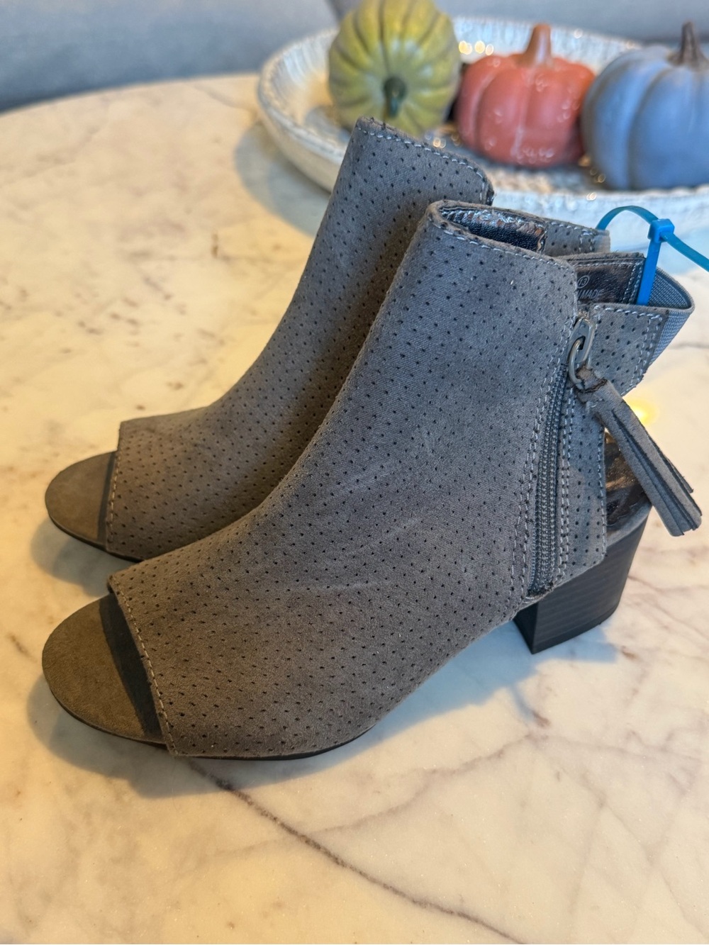 Justice Gray Suede Peep-Toe Ankle Booties with Side Zip 13